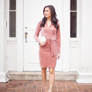 J Crew Wrap Dress Size 0 Pink Crushed Velvet $148 NEW 3/4 Long Sleeve